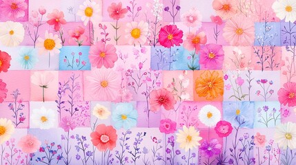 Colorful Wildflower Quilt Design, vibrant fields of blooms arranged in geometric patterns, hand-painted watercolor art ideal for summer decor and stationery items