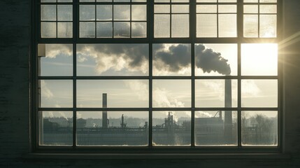 Window view of the factory emits toxic smoke that shines in the sun. 
