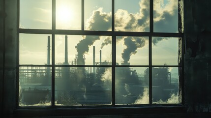 Window view of the factory emits toxic smoke that shines in the sun. 