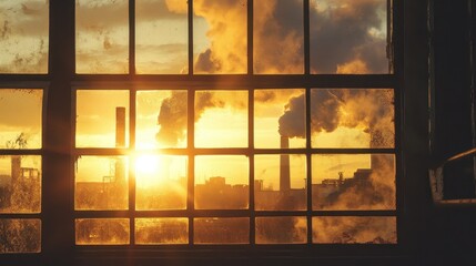 Window view of the factory emits toxic smoke that shines in the sun. 