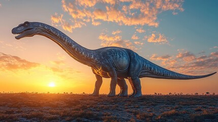 Fototapeta premium Majestic Dinosaur Silhouette Against Vibrant Sunset Sky in Prehistoric Landscape