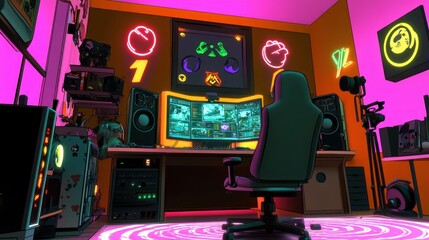 Neon Lit Gamer Room Setup Featuring Advanced Tech