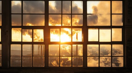 Window view of the factory emits toxic smoke that shines in the sun. 