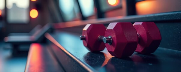 Close-up of dumbbells on step aerobics platform , weight lifting, workout tools