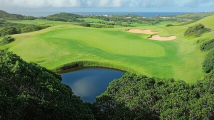 Scenic View Of A Lush Golf Course With Rolling Hills, Greenery, Trees, And A Water Hazard