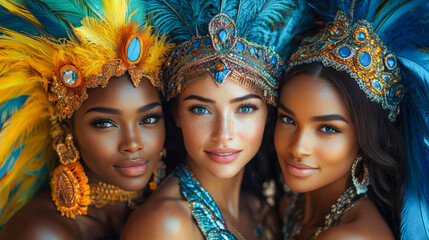 Obraz premium Three young women in traditional Brazilian carnival headpieces, smiling warmly, symbolizing cultural diversity and friendship