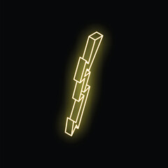 Bright yellow neon sign in the shape of a lightning bolt is glowing on a black background