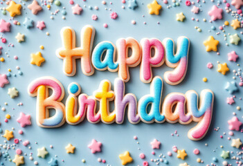 Colorful "Happy Birthday" text in a cookie-style typography with icing effects, sprinkles, stars, and small decorations on white background. For birthday invitations, greeting cards, party decoration