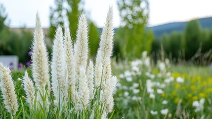 White fluffy grass, park, mountain backdrop, summer. Nature scene, website design