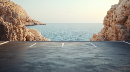 Empty parking lot overlooking tranquil ocean, nestled between majestic cliffs, glowing with sunset light, highlighting serene coastal landscape