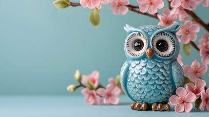 Charming Ceramic Owl Figurine with Pink Cherry Blossom Accents