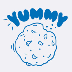 Vector doodle illustration of cookie with crumbs in blue line, lettering for coffee shop logo, pastry shop, bakery, branding, print, yammy