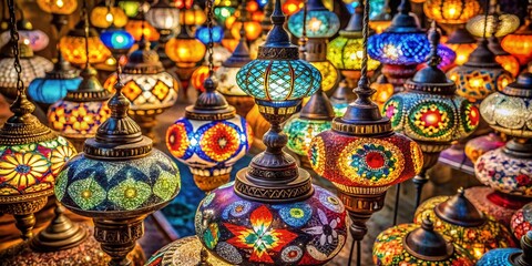 Aerial View of Colorful Folk Art Lamps Displayed Outdoors, Festival Decoration