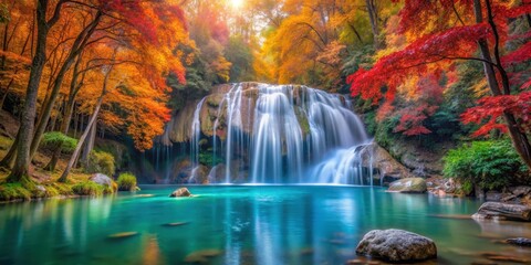 Fototapeta premium Serene Erawan waterfall surrounded by vibrant autumn foliage in Kanchanaburi Province, Thailand , Landscape, Nature