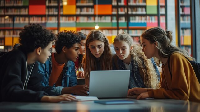 Diverse group of students working on project together in library using laptop