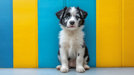 Cute puppy sitting in front of vibrant blue and yellow background