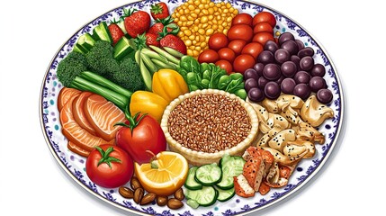 Nutritious plate filled with fruits, vegetables, whole grains, and lean proteins