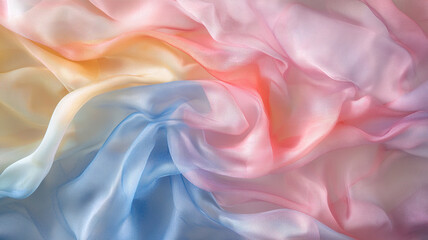 Fototapeta premium Soft, flowing silk fabric in pastel colors of yellow, pink, and blue, creating a serene background scene