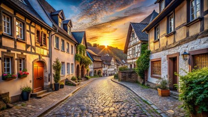 Naklejka premium Ancient cobblestone street in historic old town Ahrweiler at sunset, Ahr Valley