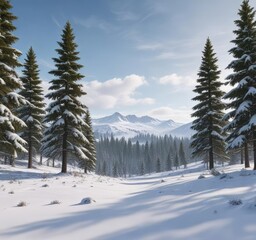 Snowy landscape with pine trees in the foreground, winter, white, seasonal