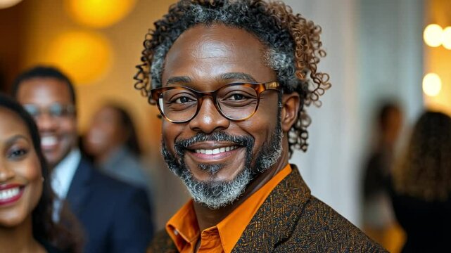 Warm Smile, Confident Gaze: A mature African American man with a warm, genuine smile and a confident gaze stands out in a crowd of diverse people, showcasing his charisma and approachability.  