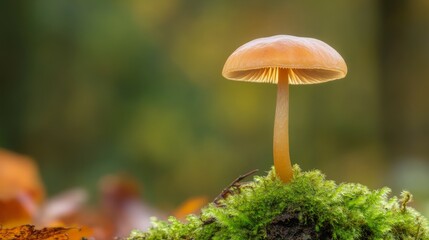 A delicate mushroom stands on moss, showcasing nature's beauty and intricate details.