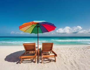 Fototapeta premium Tropical Beach Chairs with Umbrella – Relaxing Summer Vacation Scene