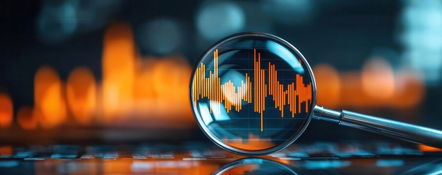 Economic risk uncertainty impact concept. Blurred vision through a fogged magnifying glass over stock market graphs, unclear economic trends, risk in financial analysis