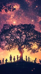 Fototapeta premium Children gather under a large tree at sunset, starlit night sky background; fantasy illustration
