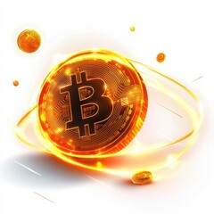 A glowing Bitcoin coin surrounded by dynamic light effects, symbolizing cryptocurrency and digital finance.
