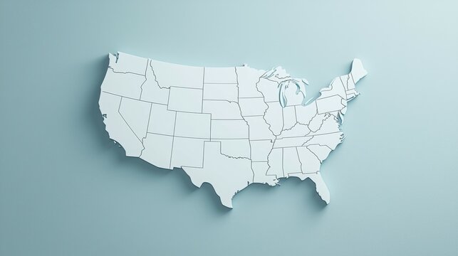 A minimalist map of the United States in light colors, emphasizing its shape and borders.