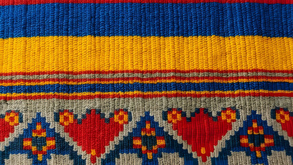 Obraz premium A close-up of a woven textile with vibrant bands of color and intricate geometric patterns, showcasing traditional craftsmanship and design.