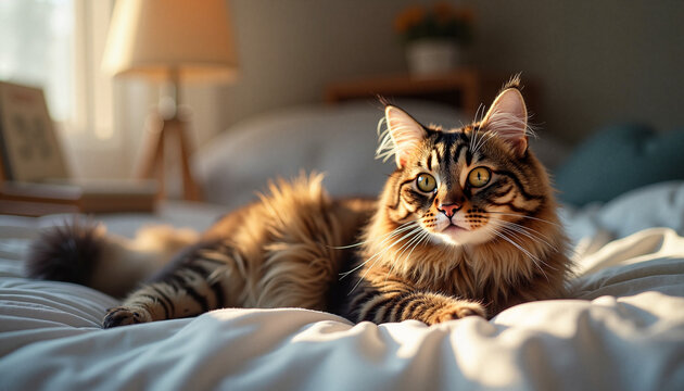 Maine Coon cat lounging comfortably on a cozy bed with soft morning light