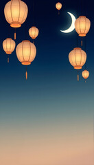 Obraz premium Lanterns glowing softly with a crescent moon in the background