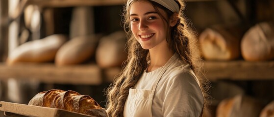 Baker, smiling young woman holding fresh bread in artisan bakery with shelves of loaves, showcasing craftsmanship and passion for baking and culinary arts.