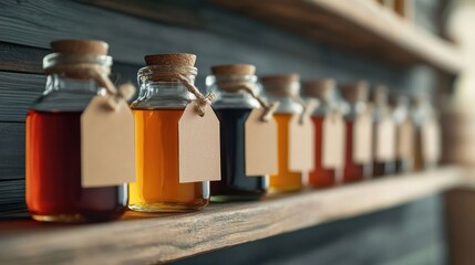 Rustic Artisan Syrup Jars Displayed on Wooden Shelf
