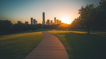 Obraz premium Sunset Cityscape: Serene Park Path with Skyline Panorama