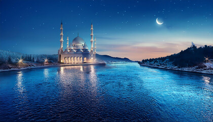 Fototapeta premium Serene Mosque: A Romantic Evening Scene Celebrating Ramadan's Spirituality