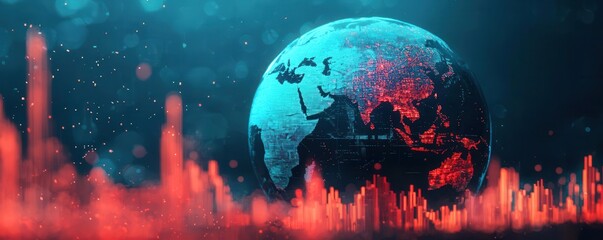 Economic risk uncertainty impact concept. Fragmented planet Earth surrounded by crashing stock graphs, global economic risk, worldwide uncertainty