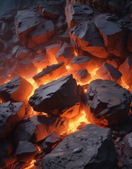 glowing embers of a dying fire cast warm light on rugged rock formations, warm light, cozy atmosphere