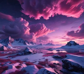 Fototapeta premium Glowing clouds of pink and purple illuminate the dark Arctic night , northern lights, purple glow, pink glow
