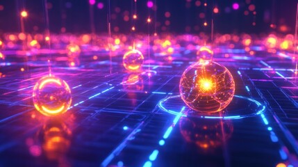 Obraz premium Futuristic digital network with glowing transparent spheres and bright connections