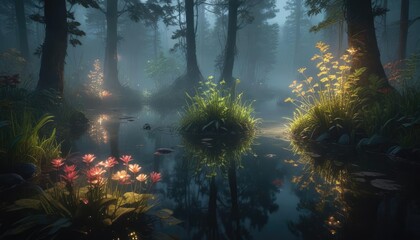 Obraz premium Glowing aquatic plants in a misty forest pond , plants, blue, aquatic
