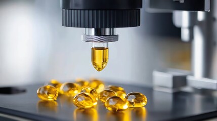 Laboratory glassware examining golden supplement capsules during pharmaceutical quality control, testing omega 3 and vitamin d3 supplements in research environment