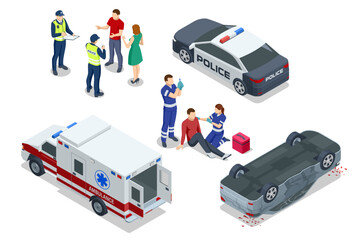 Isometric Car crash. A flipped car, a police car, ambulance, and paramedics providing care to an injured person. Police officers are documenting the accident, showcasing emergency and legal response.