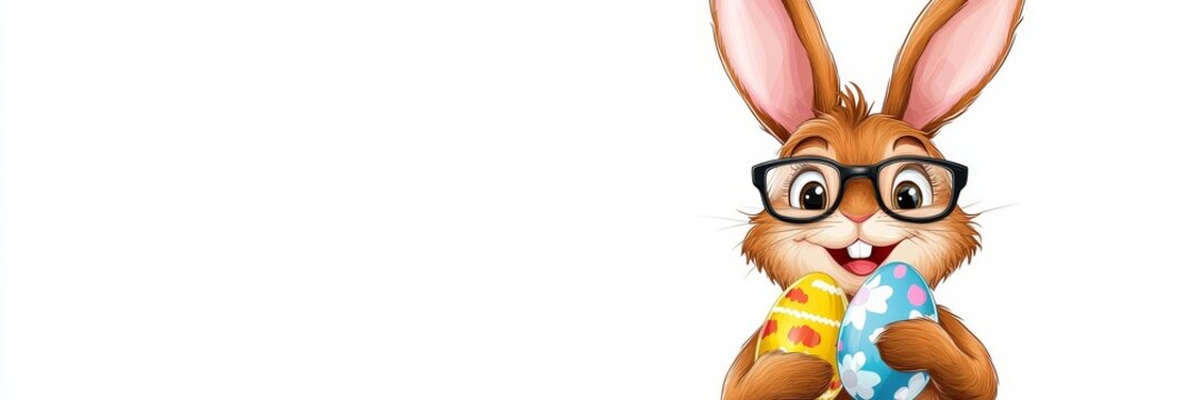 recommend clip art: Happy Easter Bunny with Glasses and Eggs - A cheerful cartoon brown rabbit wearing glasses holds colorful Easter eggs.  Joy, spring, celebration, sweetness, holiday.
