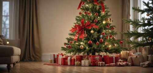 Gift wrapping and decorating a Christmas tree, ornaments hung on the tree, gift boxes wrapped in colorful paper, gift giving