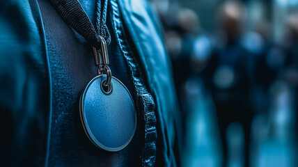 Blank Badge Close Up: A detailed close-up of a circular blank badge hanging from a lanyard.  The cool, muted tones and shallow depth of field create a mysterious and intriguing atmosphere.