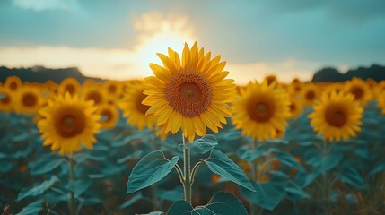 Fototapeta premium Vibrant Sunflower Field at Dawn with Cotton Candy Sky and Blooming Petals