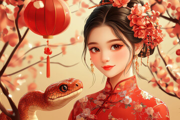 young woman in red floral dress stands beside snake, surrounded by cherry blossoms and lanterns, evoking festive atmosphere